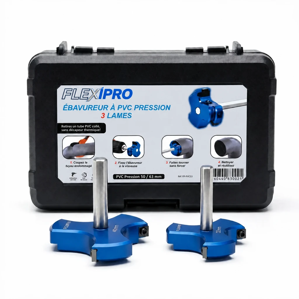Coffret FlexiPro PVC pression et deux outils bleus 50 et 63 mm, visuel boutique au logo bleu harmonisé